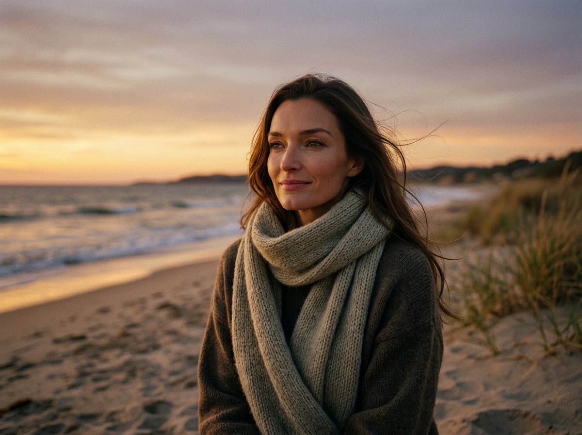 Marina Winberg on a quiet beach at sunset