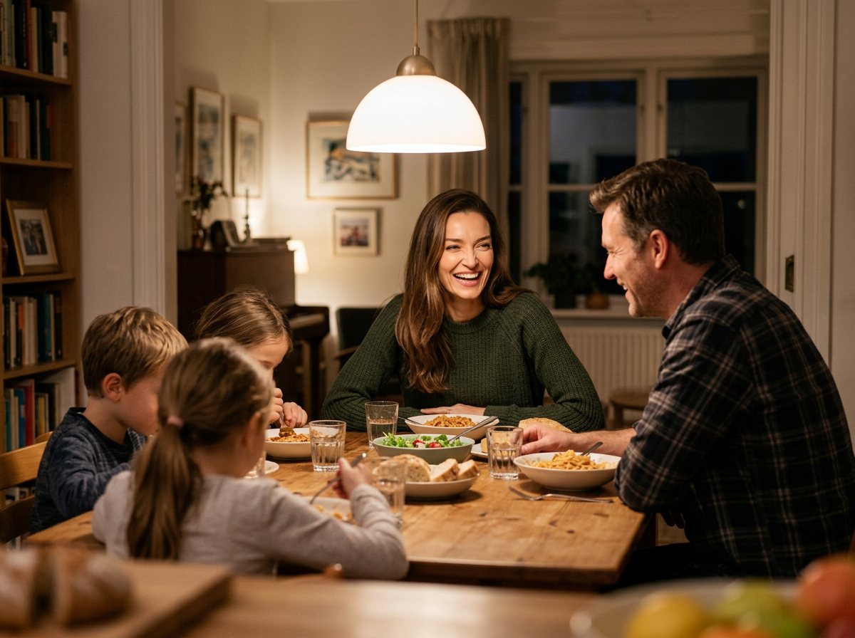 Marina Winberg laughing at dinner with her family