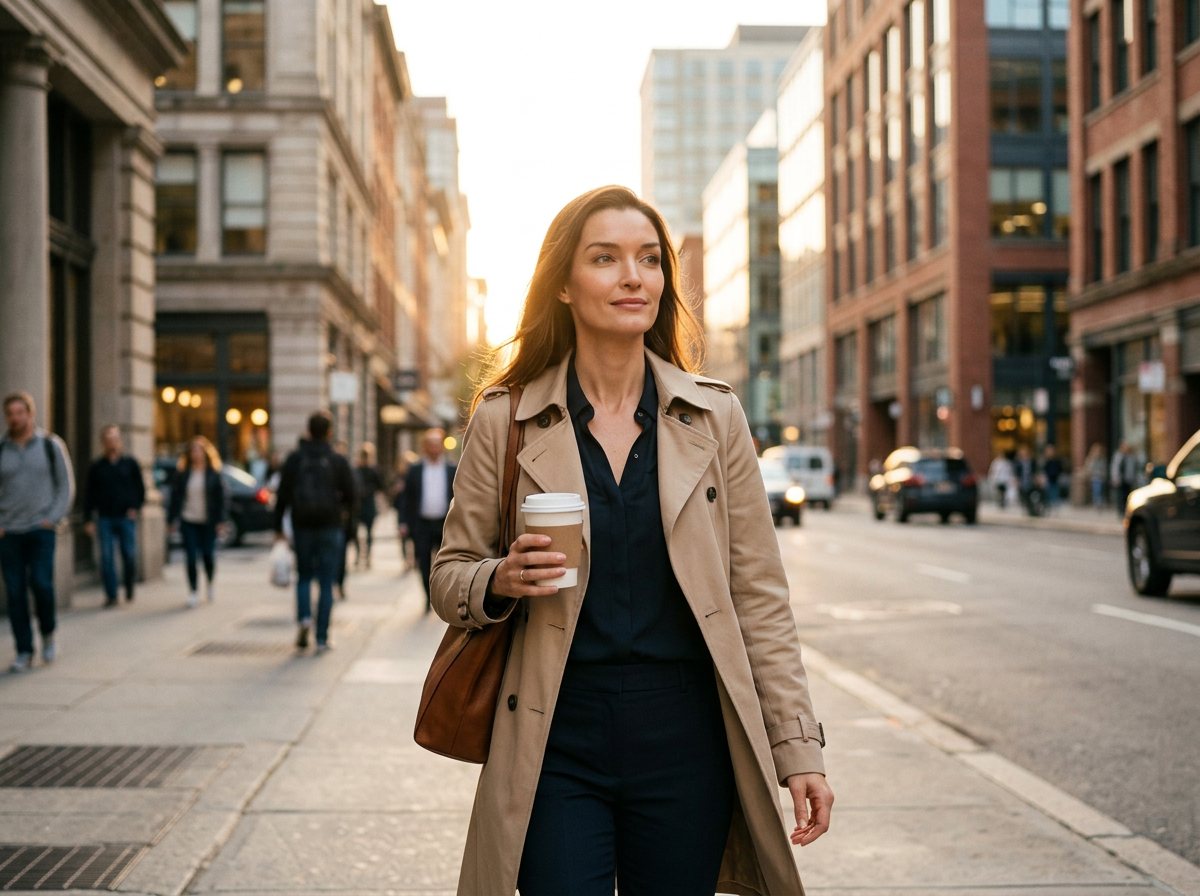 Marina Winberg walking through the city at golden hour