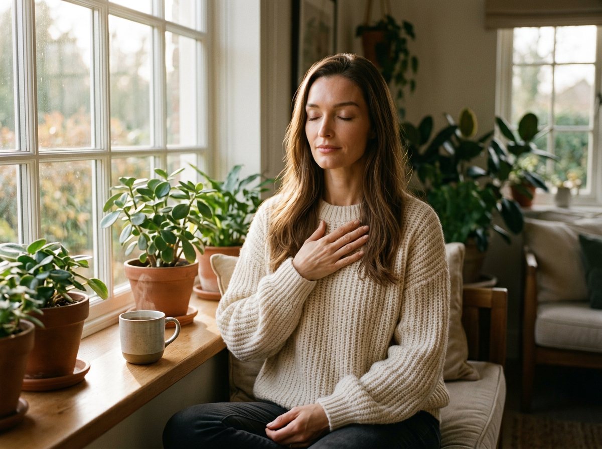 Marina Winberg doing a calm breathing reset by the window